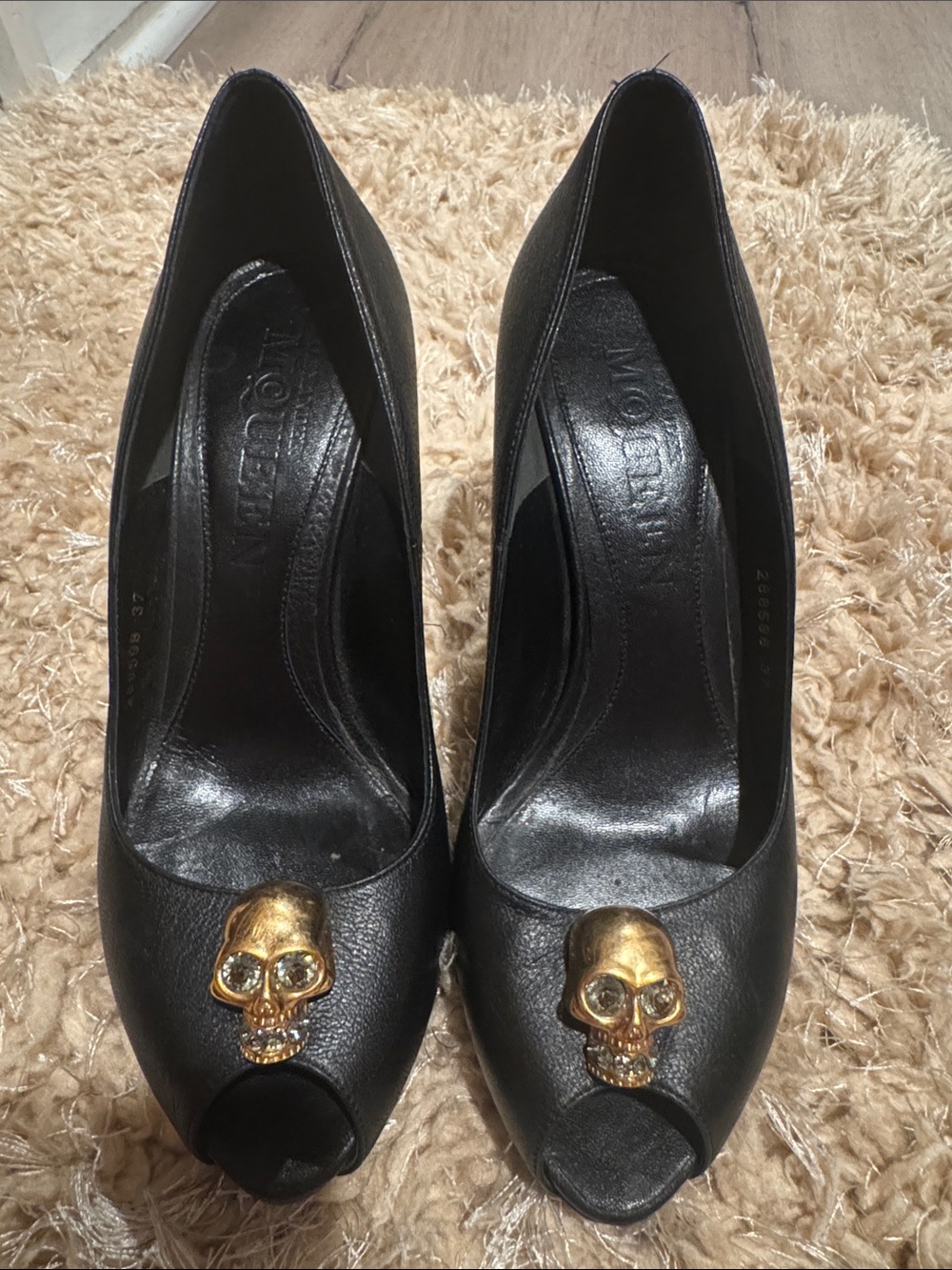 Alexander McQueen Black Peep-Toe Heels with Gold Skull